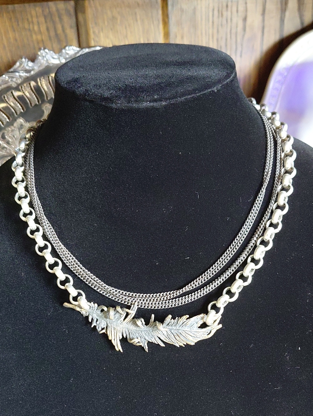 Bronze Feather Pendant Multi-Strand Necklace in Antique Silver and Gunmetal